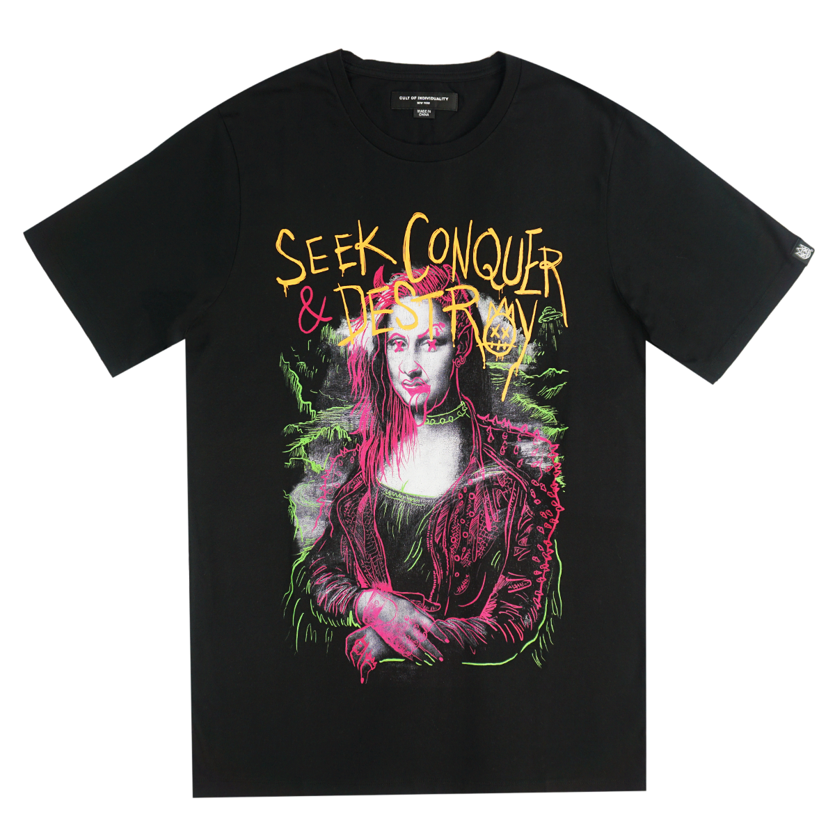 T-Shirt, Black Tee, Seek Conquer Destroy Tee, Cult Of Individuality, Men, Boys, Teens, Gifts, Wmns, Girls,Urban, Style, Fashion, Mona Lisa, Orange, Pink, Green, 